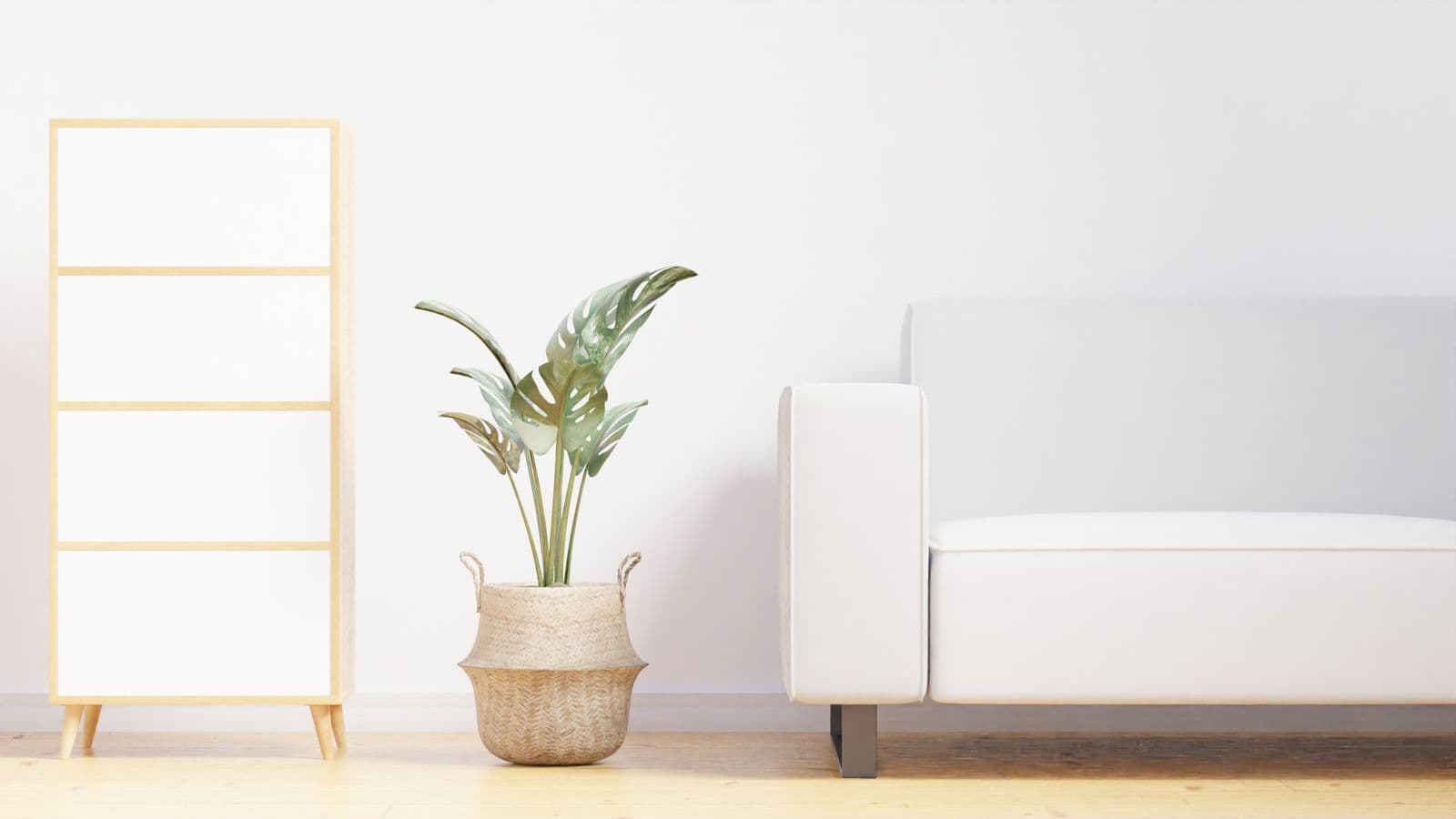 A bright minimalist room — a white sofa and a light-oak shelf with a plant against a clean white wall.